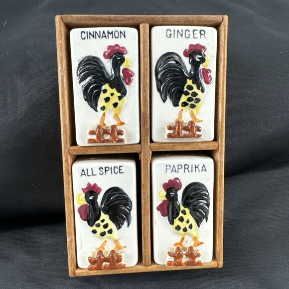Spice Rack Vintage MCM 1950's Ceramic and Wood Roosters 4 Total Shakers - Picture 1 of 16